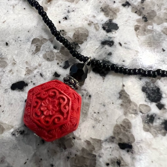 Red Cinnabar Pendant Black beaded Necklace - Picture 3 of 6